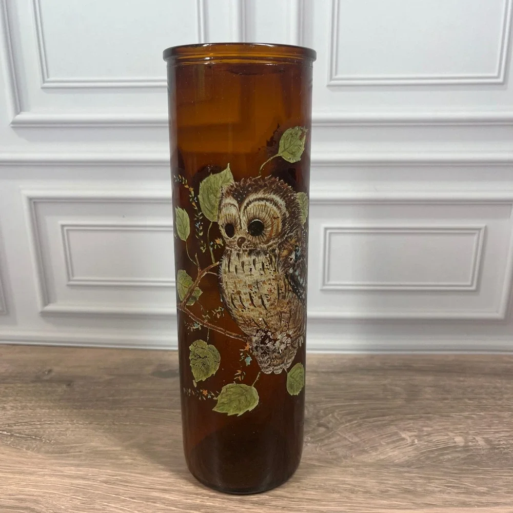 Vintage 1970's Amber Glass Hurricane 9 in Candle Holder Brown Owl Hand Empty MCM